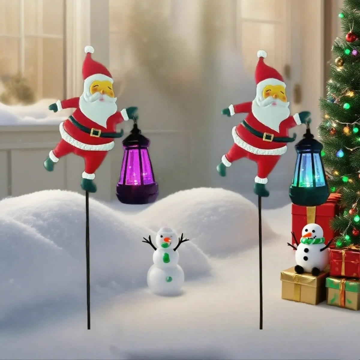 Perfecsy Christmas solar kettle lights: two Santa garden lanterns glow purple and blue in snow on Tampa Home & Garden Store
