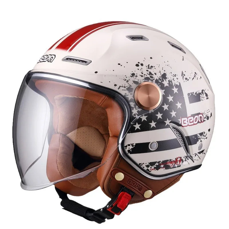 Retro motorcycle helmet by BikerZoneZ, open-face white shell with red stripes and star on Tampa Home & Garden Store