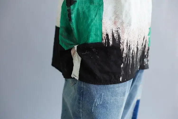 Women Summer T-shirt Retro loose cotton-linen top with green black abstract print UpTrend Deals on Tampa Home & Garden Store