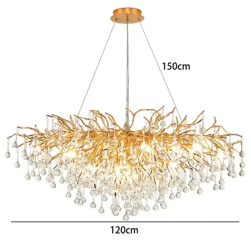 DecorBites LED pendant chandelier with gold leaf finish and crystal drops, 120cm wide on Tampa Home & Garden Store