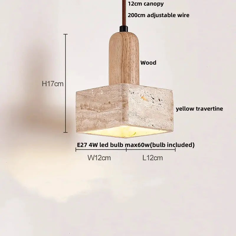 DecorBites LED pendant lamp with wood canopy and yellow travertine cube shade, 12cm shade on Tampa Home & Garden Store