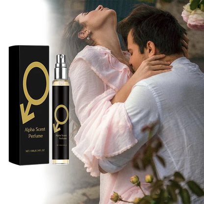 Silcy Skin Alpha Scent Perfume bottle and black box with gold logo, romantic couple background on Tampa Home & Garden Store