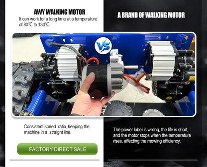 Self-Propelled remote-control lawn mower drive unit with blue frame and dual silver motors on Tampa Home & Garden Store
