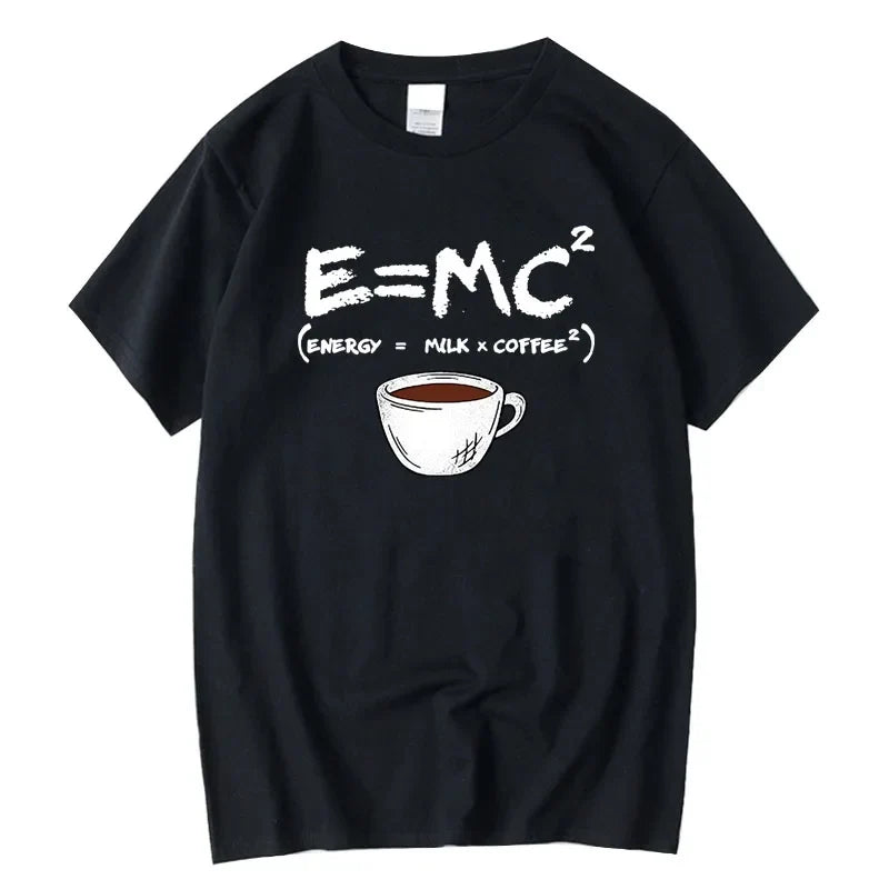 Men's black cotton T-shirt with E=MC^2 energy = milk x coffee graphic and coffee cup on Tampa Home & Garden Store