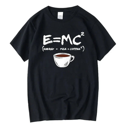 Men's black cotton T-shirt with E=MC^2 energy = milk x coffee graphic and coffee cup on Tampa Home & Garden Store