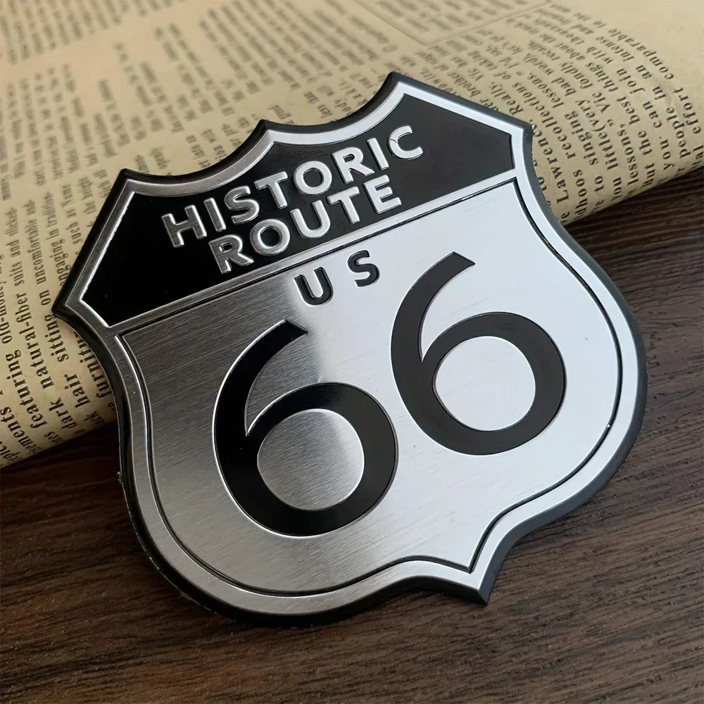 Aluminum 3D Route 66 Historic Shield sticker by BikerZoneZ, brushed silver with black numerals on Tampa Home & Garden Store
