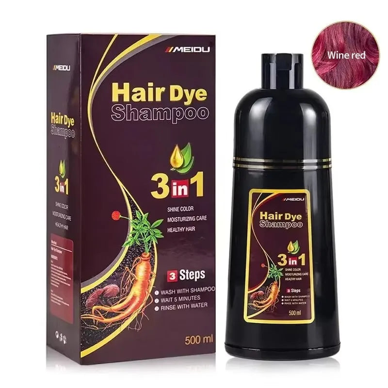 3-in-1 Hair Dye Shampoo box and bottle in purple packaging, Meidu, wine-red swatch, 500 ml on Tampa Home & Garden Store