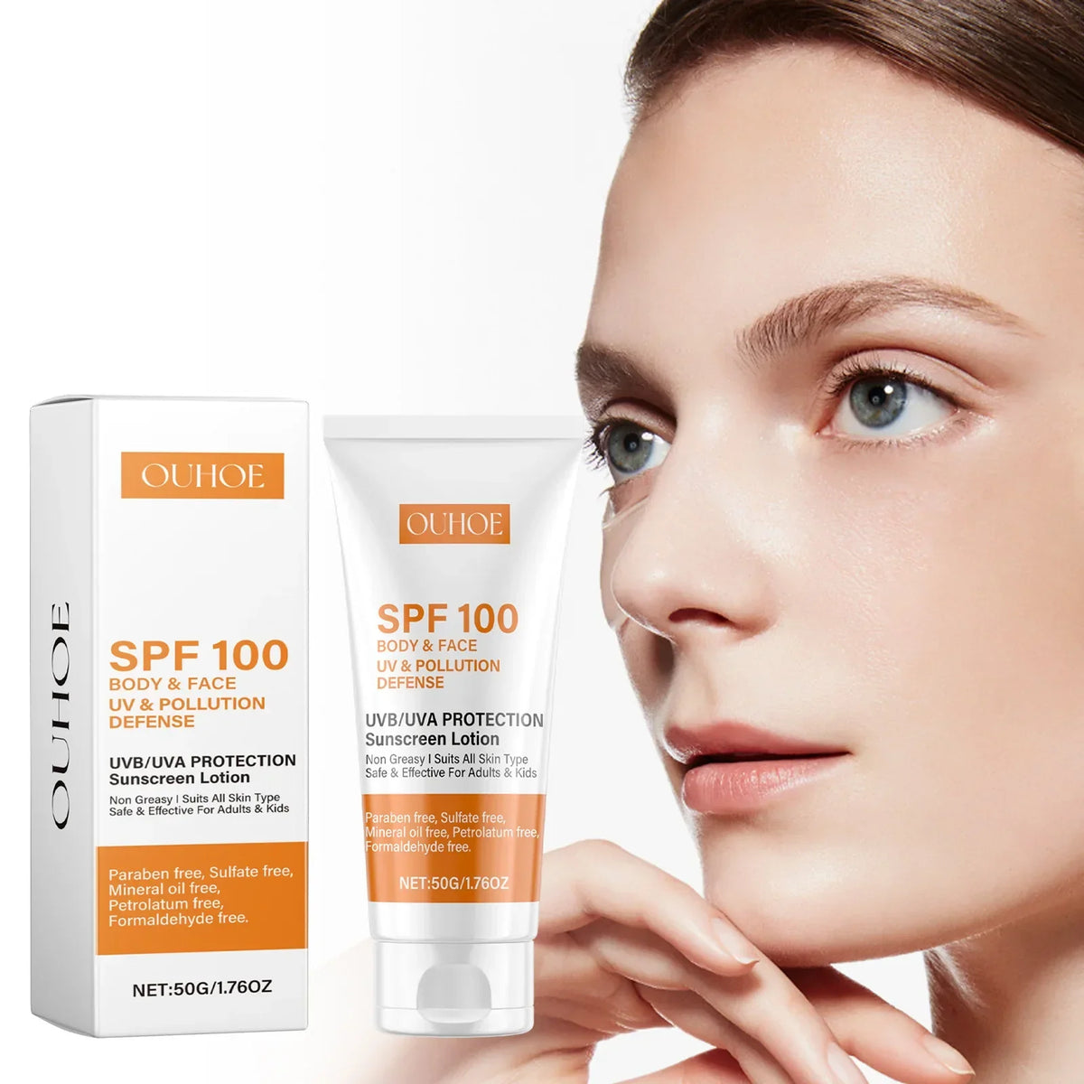 SPF100 facial and body sunscreen lotion by Silcy Skin, white tube and box, UV protection on Tampa Home & Garden Store