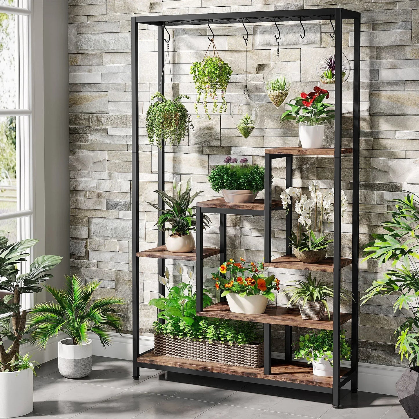 5 Tier Indoor Plant Stand With Shelves And Hooks