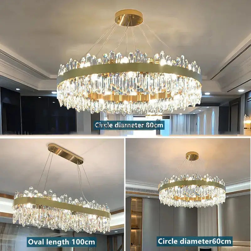 DecorBites Luxe Crystal Chandelier with circular gold ring and LED crystal pendant light on Tampa Home & Garden Store