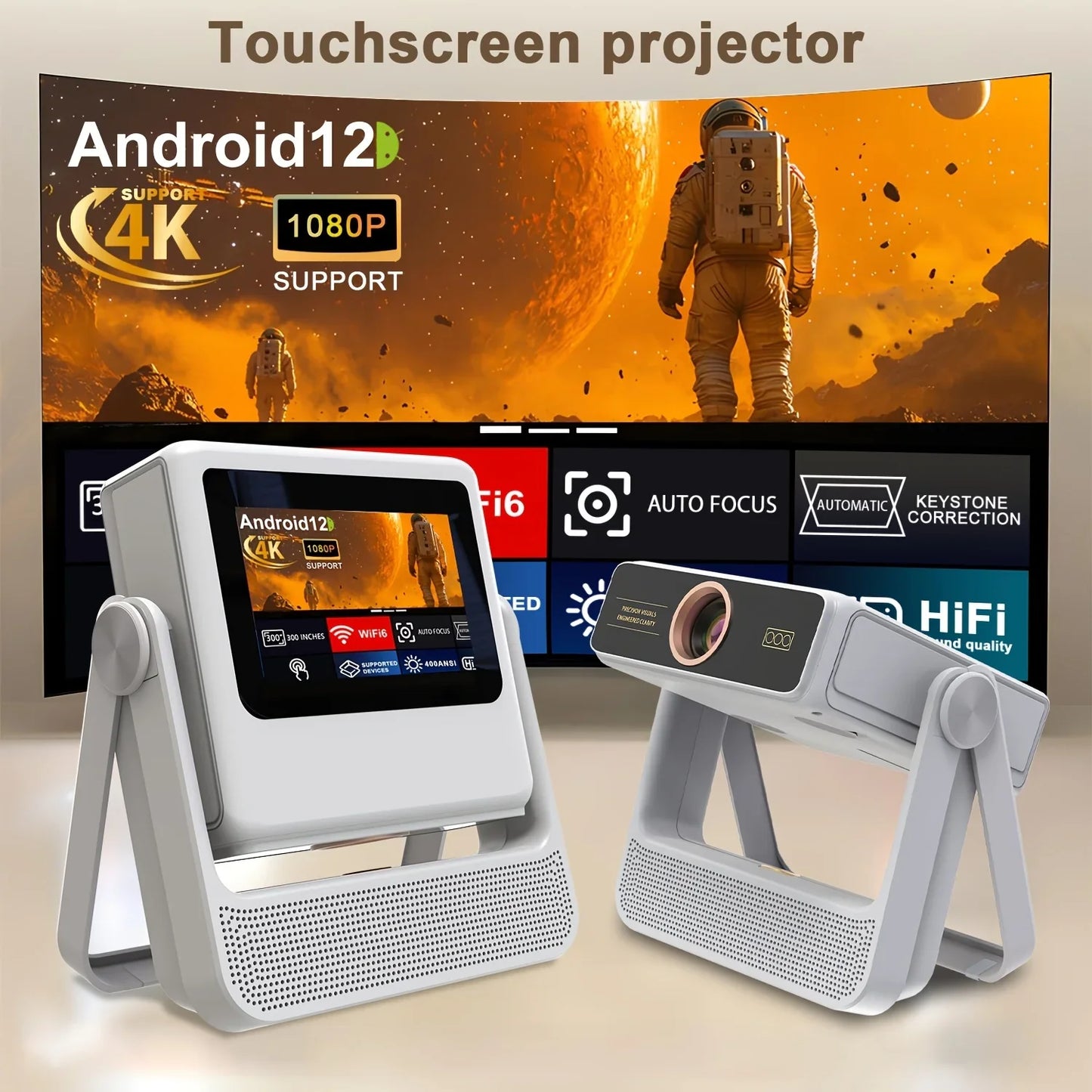 4K touchscreen portable projector FLIPSTYLEZLLC on white stands in a home theater setup on Tampa Home & Garden Store