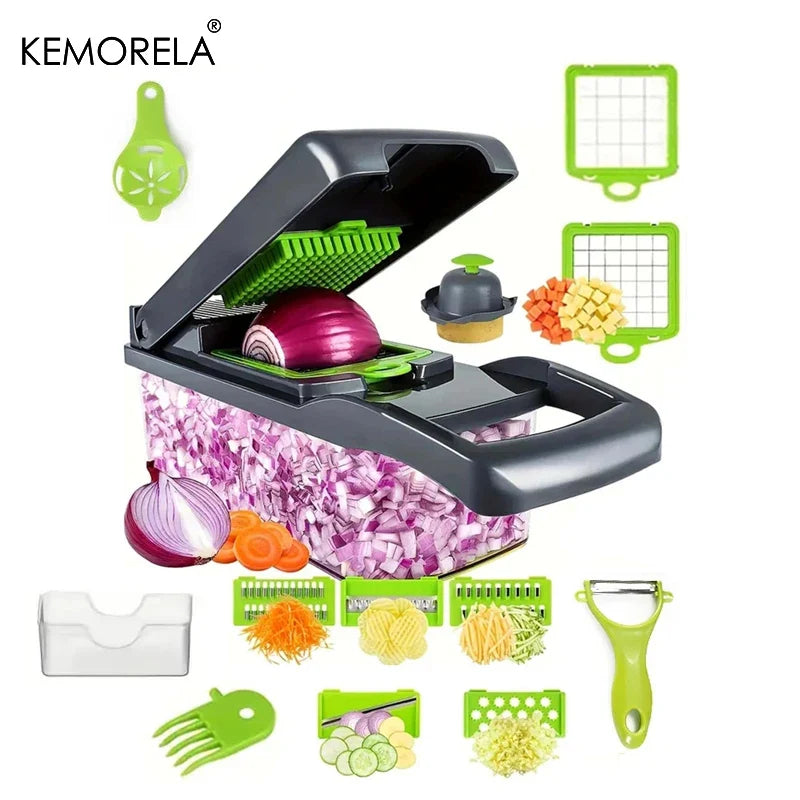 Perfecsy 14/16-in-1 multifunction vegetable chopper with gray body and blades; slicer and dicer on Tampa Home & Garden Store