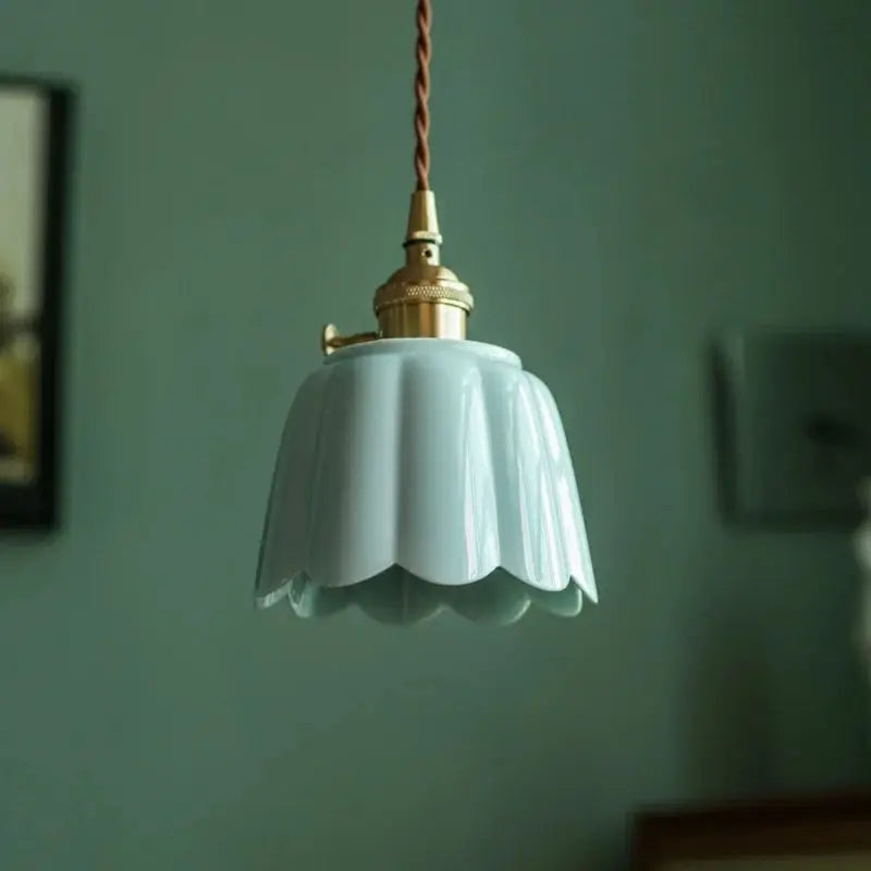 DecorBites lotus ceramic LED pendant lampshade in pale blue with brass fitting ceiling light on Tampa Home & Garden Store