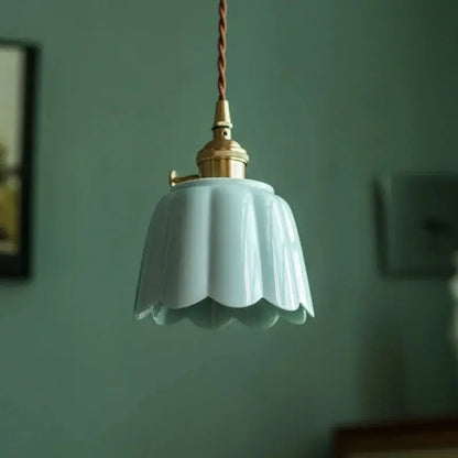 DecorBites lotus ceramic LED pendant lampshade in pale blue with brass fitting ceiling light on Tampa Home & Garden Store