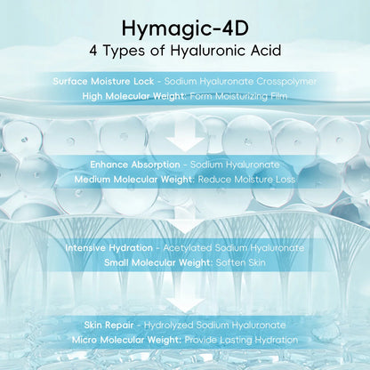 Hymagic-4D 4 Types of Hyaluronic Acid infographic with water visuals and arrows on Tampa Home & Garden Store