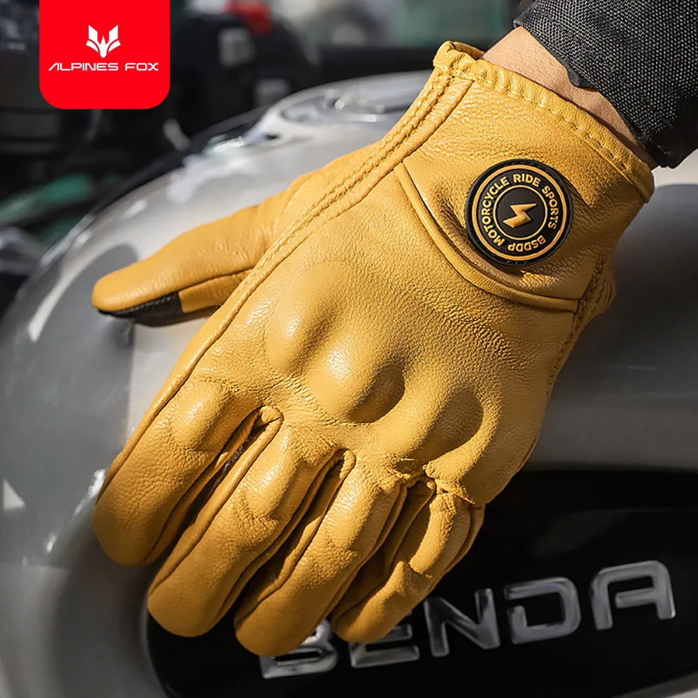 Vintage real leather breathable touchscreen motorcycle gloves tan with circular patch logo on Tampa Home & Garden Store