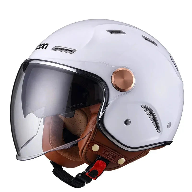 Retro motorcycle helmet white shell with clear visor, brown interior liner, BikerZoneZ on Tampa Home & Garden Store
