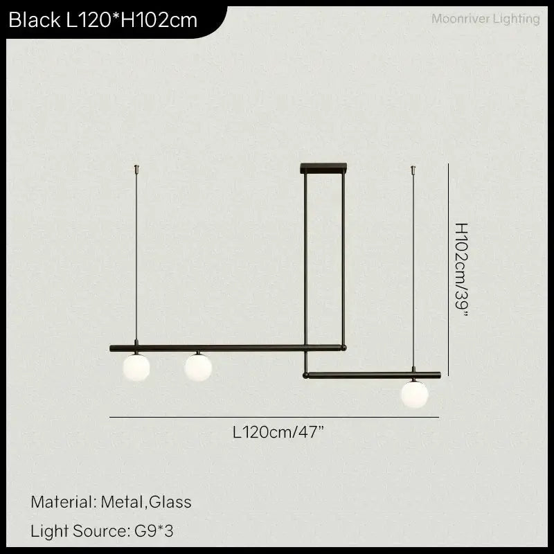 DecorBites linear minimalist chandelier pendant light in black metal with globes on Tampa Home & Garden Store