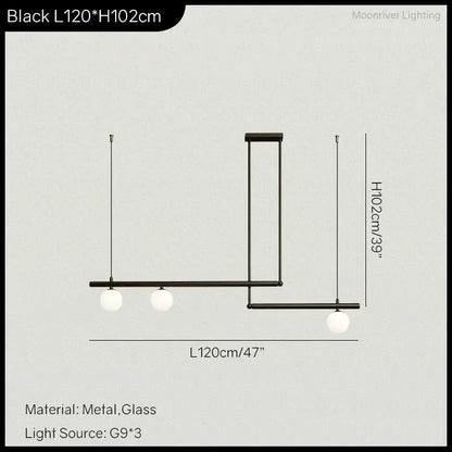 DecorBites linear minimalist chandelier pendant light in black metal with globes on Tampa Home & Garden Store