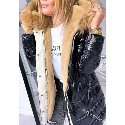 Women's puffer jacket with faux fur collar, black glossy shell and beige lining, UpTrend Deals on Tampa Home & Garden Store