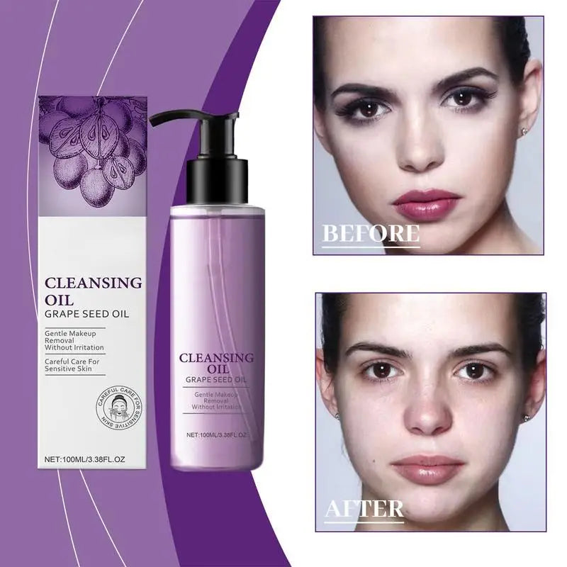 Silcy Skin cleansing oil bottle with purple pump beside grape seed oil box before & after photos on Tampa Home & Garden Store