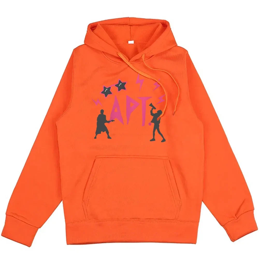 Unisex orange hoodie with purple APT graphic and silhouettes UpTrend Deals on Tampa Home & Garden Store