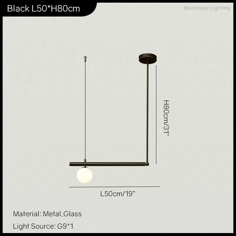 DecorBites Linear Minimalist Chandelier Pendant Light black metal with glass globe L50cm x H80cm on Tampa Home & Garden Store