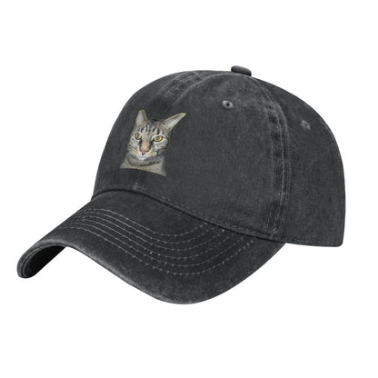 Tabby Cat Cap in faded black with front cat patch, curved brim on Tampa Home & Garden Store