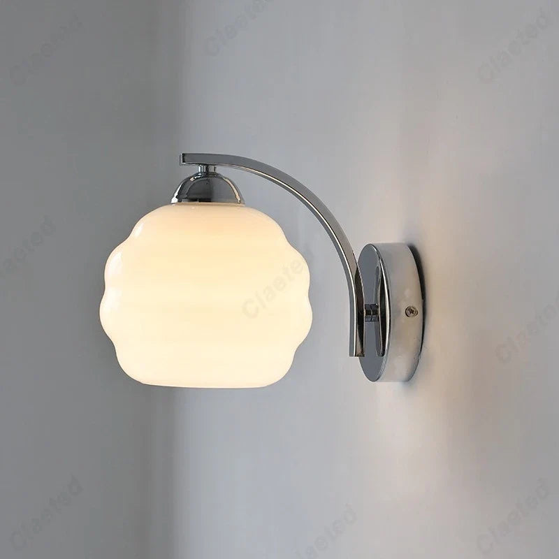 European retro glass wall lamp by Perfecsy with curved chrome arm and frosted shade, E27 LED on Tampa Home & Garden Store
