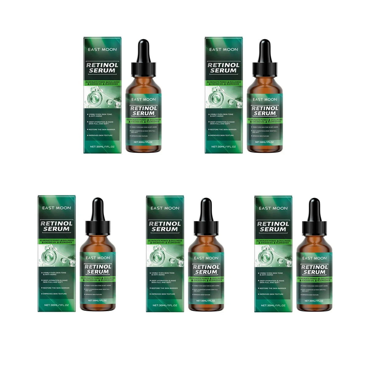 East Moon Retinol Serum dropper bottles with green boxes; 9 sets shown on Tampa Home & Garden Store