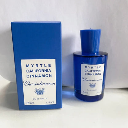 Myrtle California Cinnamon perfume bottle and blue box, 50 ml on Tampa Home & Garden Store