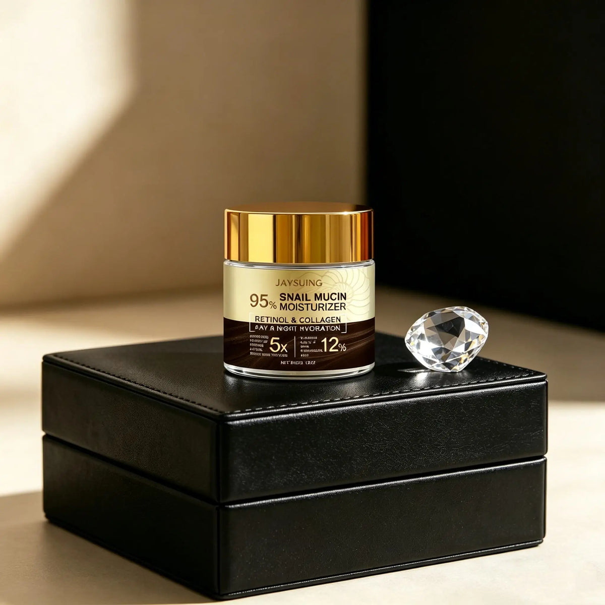 Silcy Skin 95% snail mucin moisturizer jar with gold cap on black box, crystal accent on Tampa Home & Garden Store