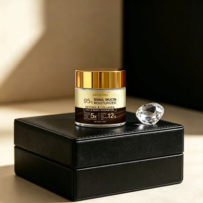 Silcy Skin 95% snail mucin moisturizer jar with gold cap on black box, crystal accent on Tampa Home & Garden Store