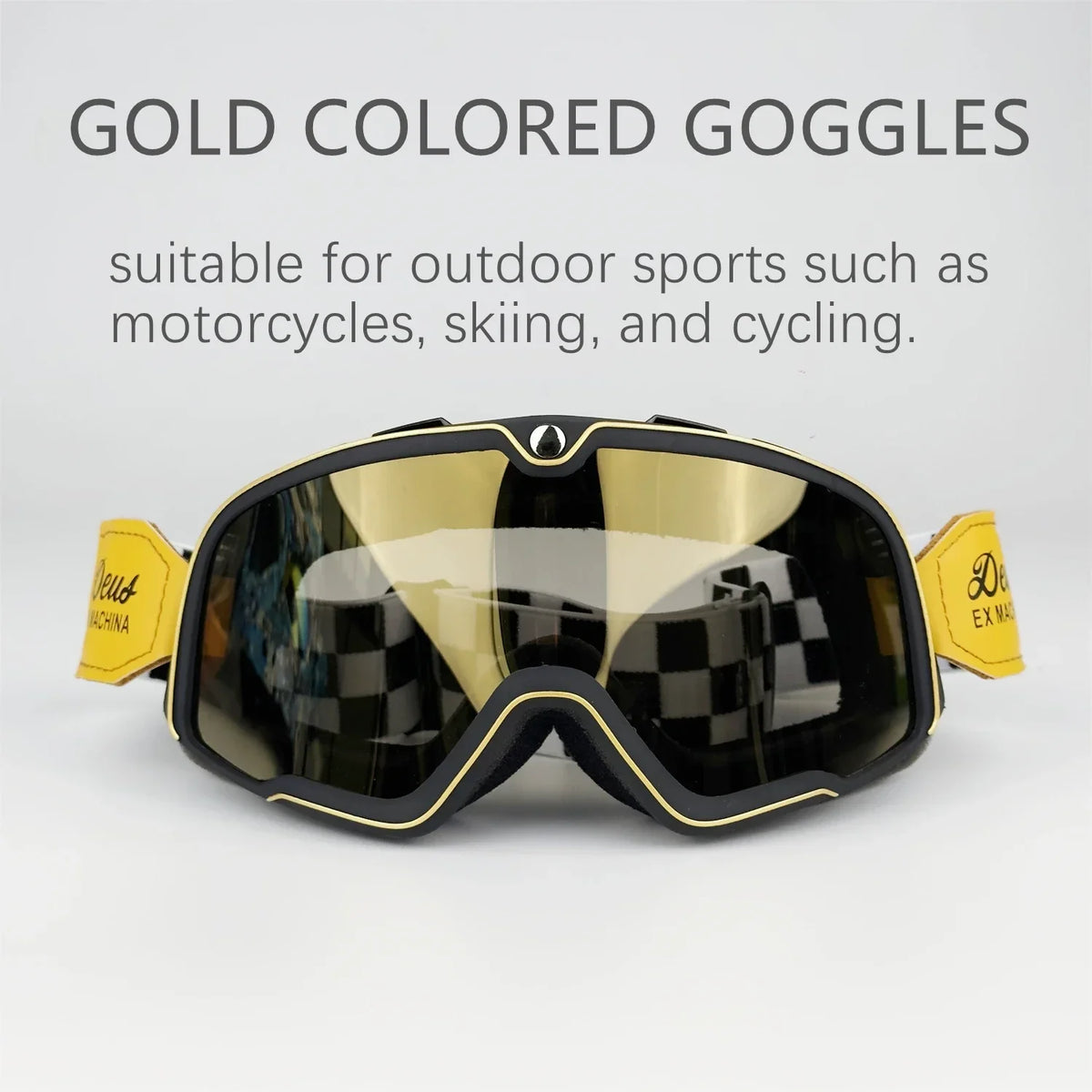 Retro motocross goggles in gold trim with mirrored lenses and yellow strap by BikerZoneZ on Tampa Home & Garden Store