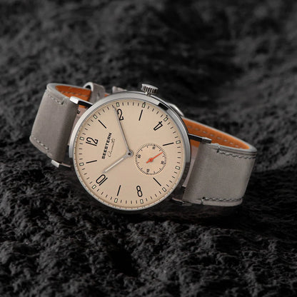 Men's ultra-thin automatic dress watch SEESTERN beige dial, steel case, grey leather strap on Tampa Home & Garden Store