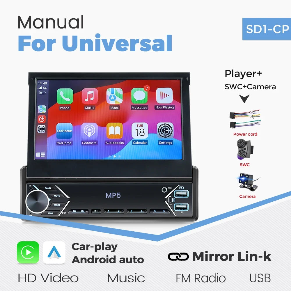 1-DIN 7-inch retractable car stereo MP5 with CarPlay and Android Auto by UpTrend Deals on Tampa Home & Garden Store