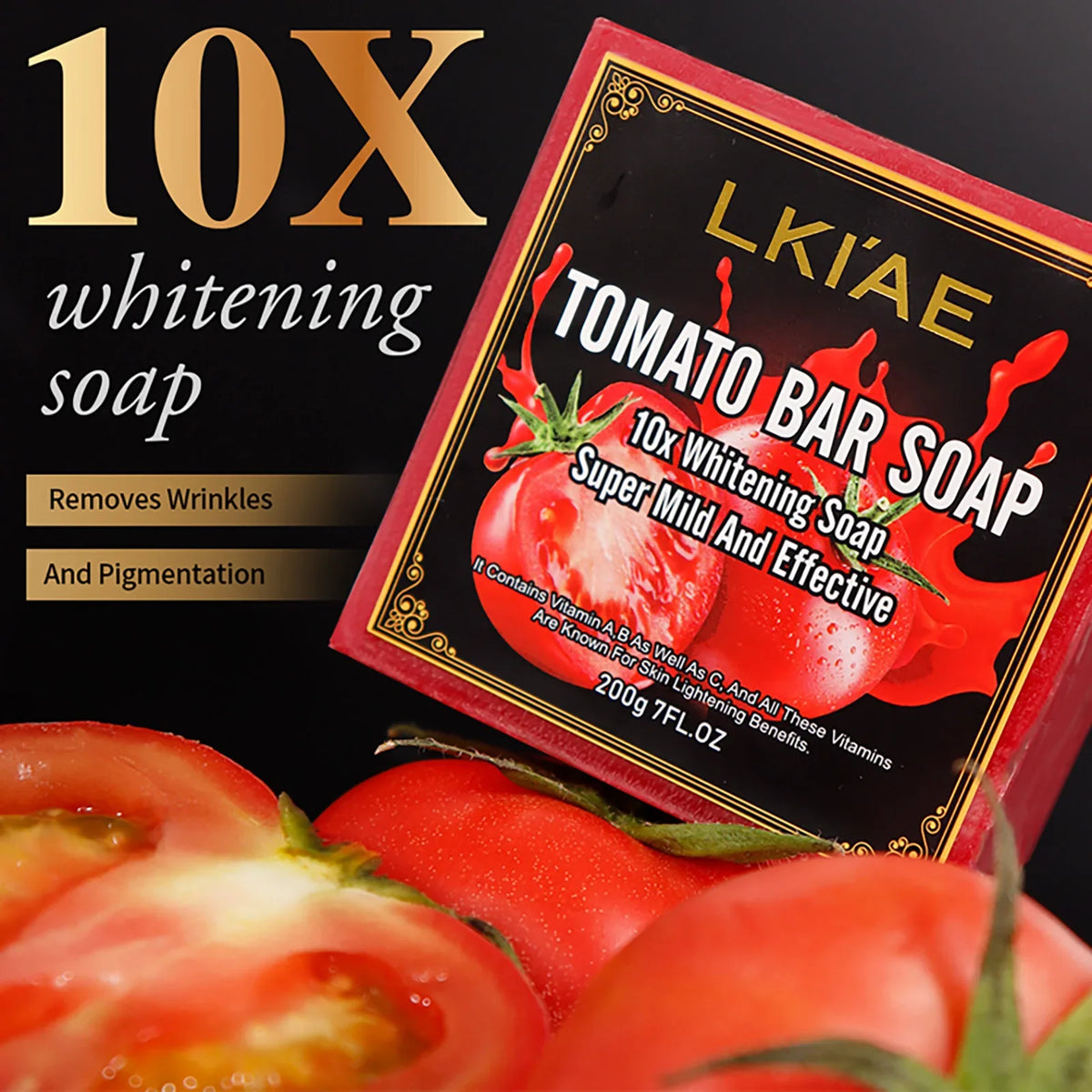 LKIAE Tomato Bar Soap packaging with tomato image, 10x whitening, gold border on black box, 200g on Tampa Home & Garden Store