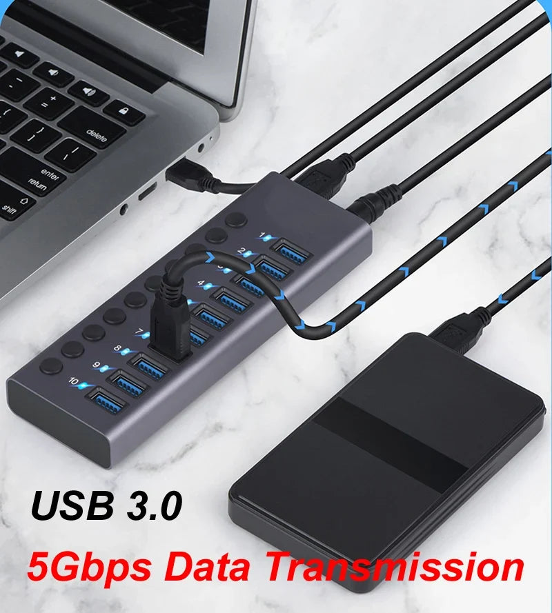 10-port USB 3.0 hub by UpTrend Deals gray with blue ports, connected to laptop on Tampa Home & Garden Store