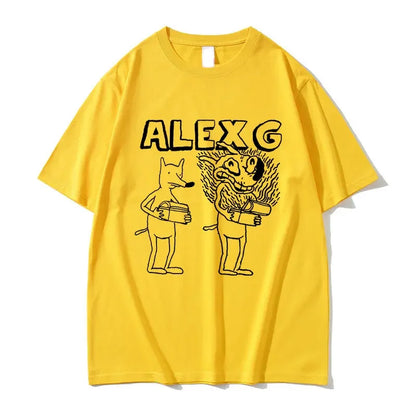 Women's yellow short-sleeve tee with black ALEXG graphic of two cartoon figures, UpTrend Deals on Tampa Home & Garden Store
