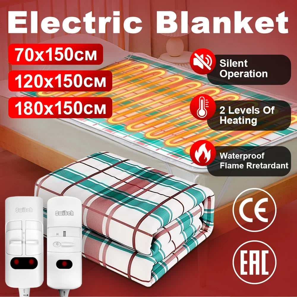 Electric blanket plaid fabric with dual remotes, sizes 70x150/120x150/180x150 cm on Tampa Home & Garden Store