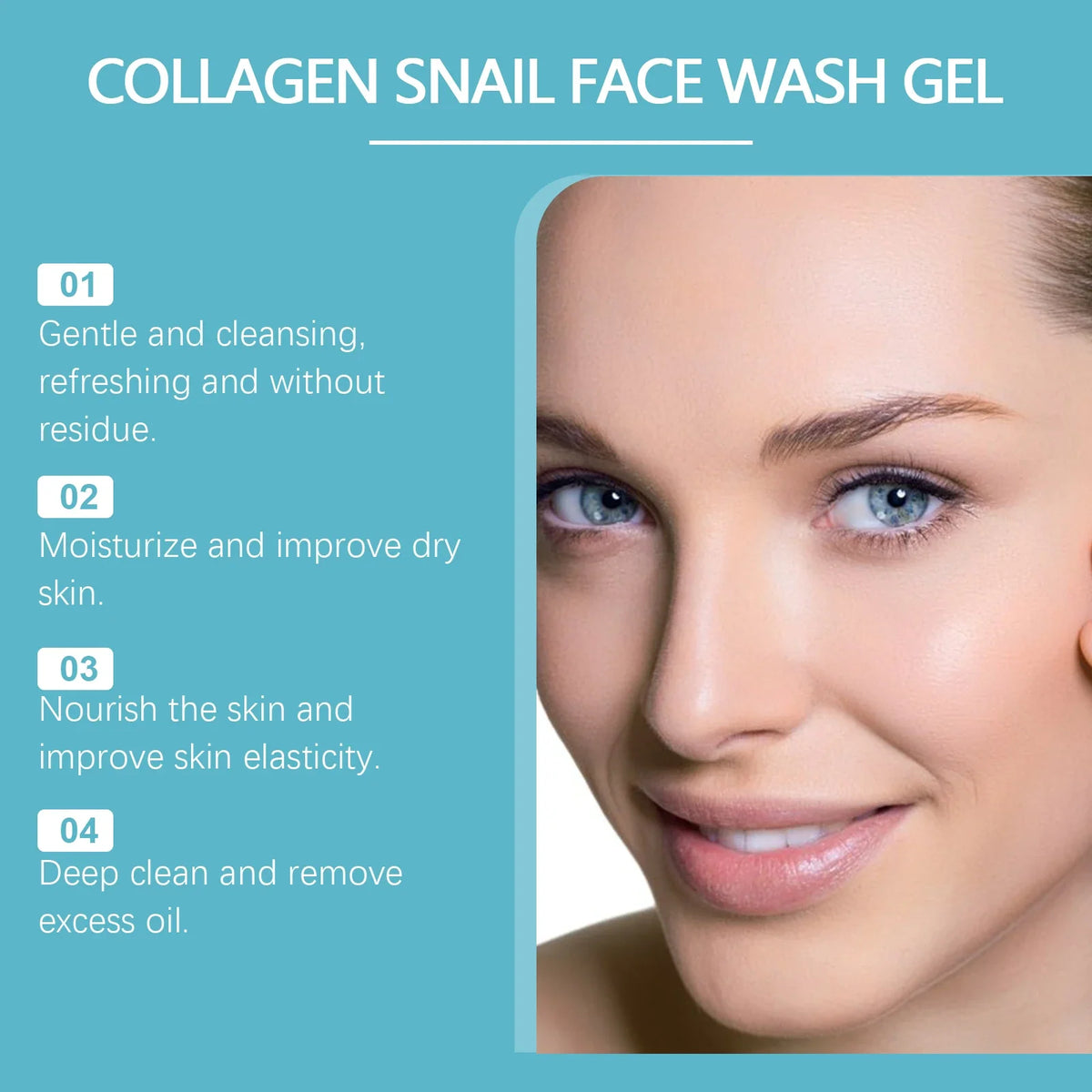 Collagen snail cleansing gel close-up of a smiling woman beside a blue infographic panel on Tampa Home & Garden Store
