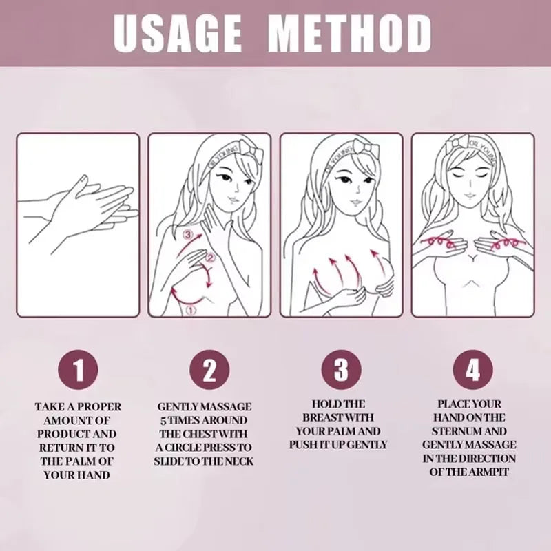 Natural breast enlargement cream usage method with 4-step chest massage on pink background on Tampa Home & Garden Store