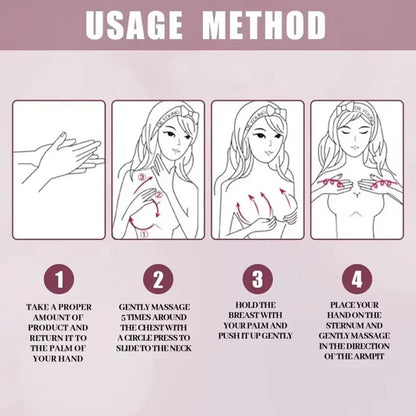 Natural breast enlargement cream usage method with 4-step chest massage on pink background on Tampa Home & Garden Store