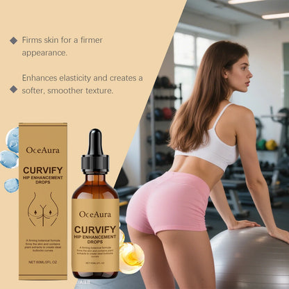 Curvify hip enhancement drops beside beige box; gym model in white top and pink shorts on Tampa Home & Garden Store