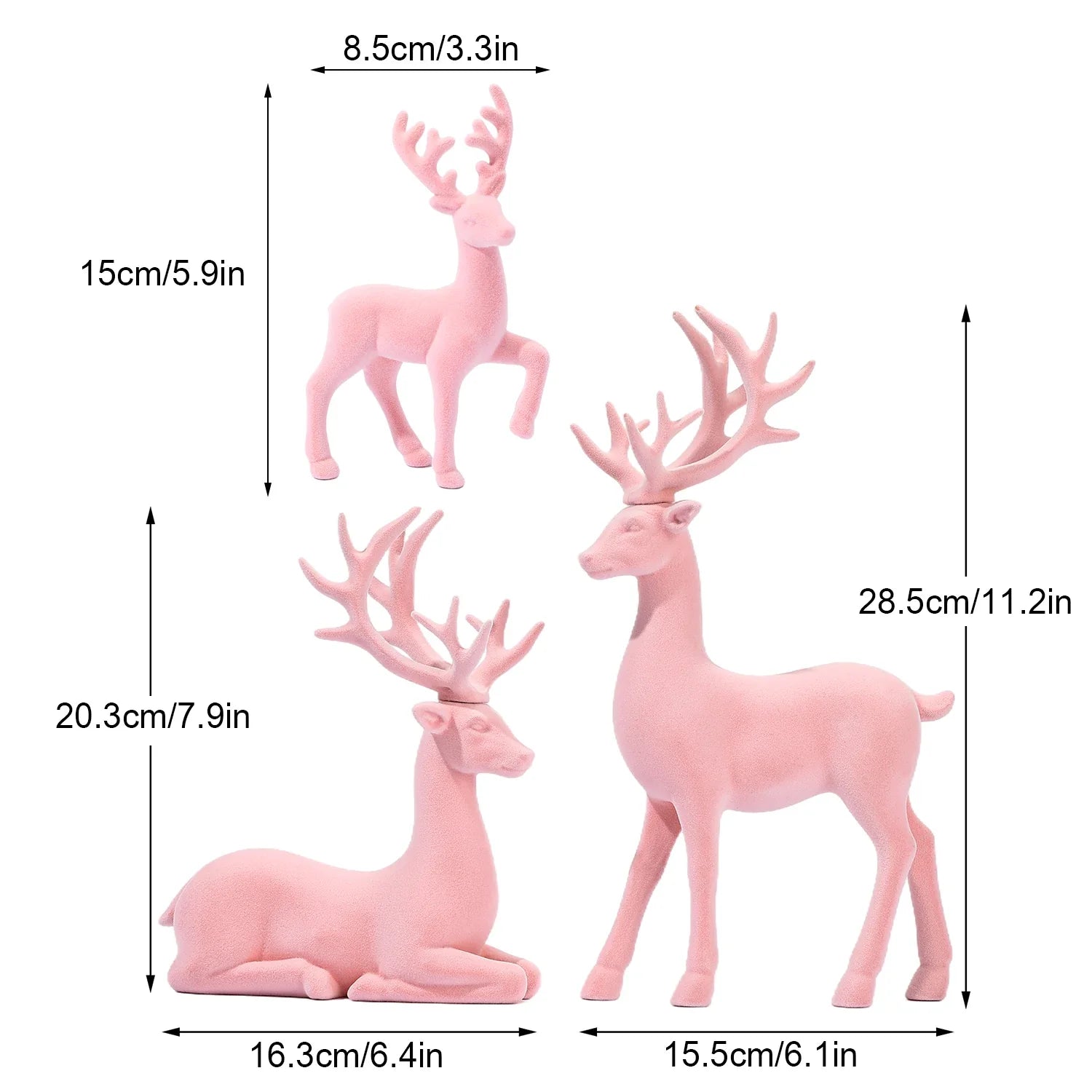 Pink flocked reindeer figurines set of 3 in solid resin for Christmas decor by Perfecsy on Tampa Home & Garden Store