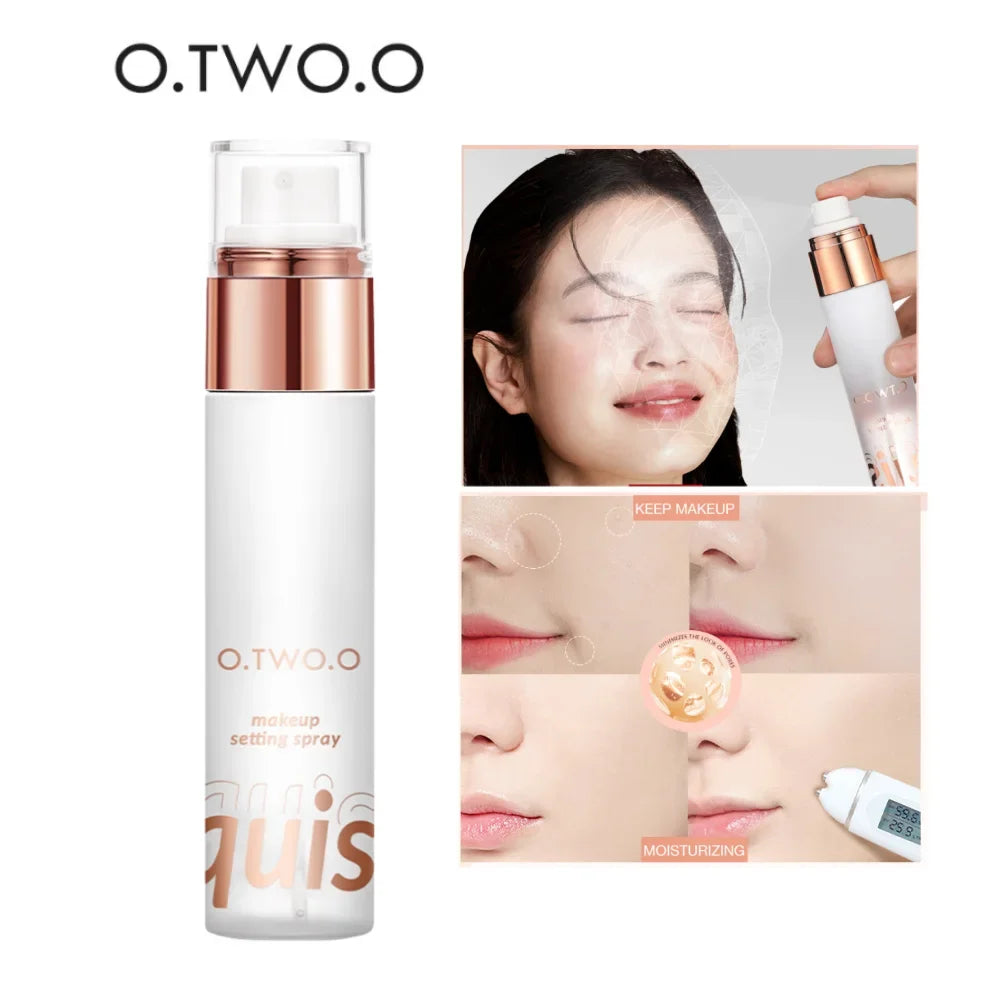O.TWO.O makeup setting spray bottle with rose-gold cap, white cylinder; Silcy Skin branding on Tampa Home & Garden Store