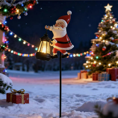 Santa garden stake lantern with solar LED, red suit, white trim, festive outdoor decor on Tampa Home & Garden Store
