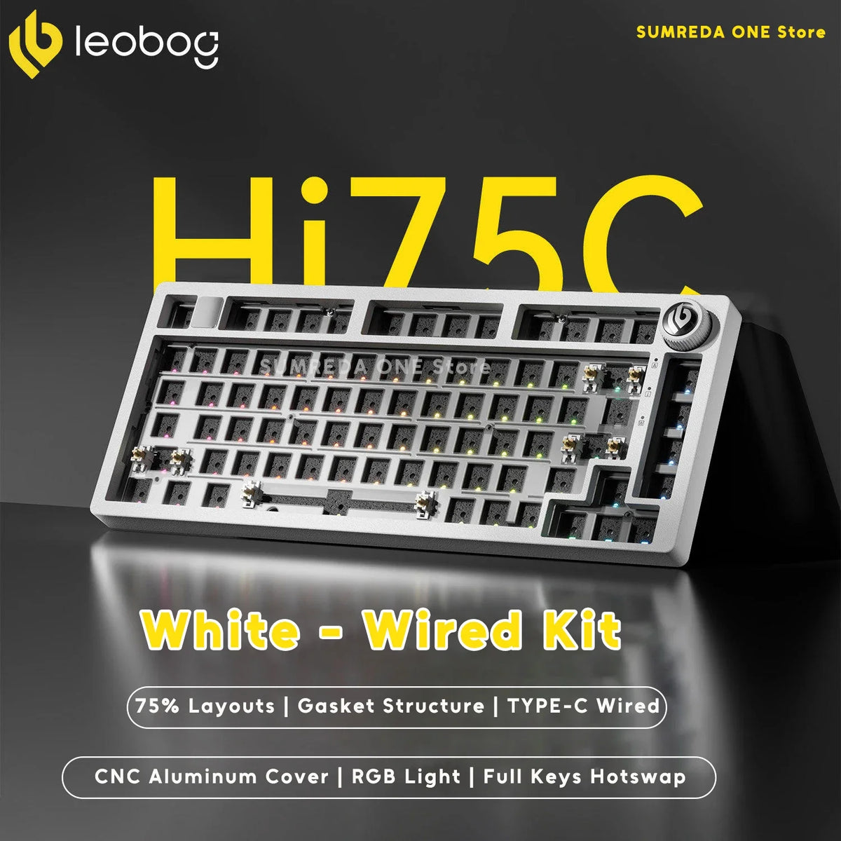 Leobog Hi75C white aluminum wired hot-swap keyboard kit, 75% layout with RGB lighting on Tampa Home & Garden Store