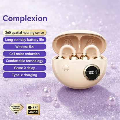 Open wireless earphones with beige charging case, gold-plated earbuds, battery display on Tampa Home & Garden Store