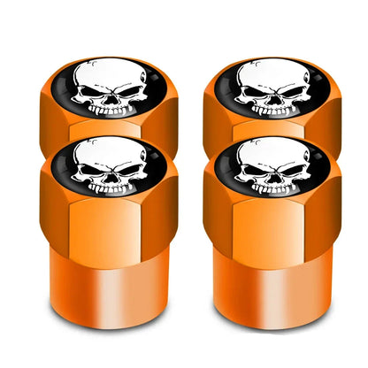 4Pcs orange valve stem caps by BikerZoneZ featuring skull logo for motor vehicle tire accessories on Tampa Home & Garden Store